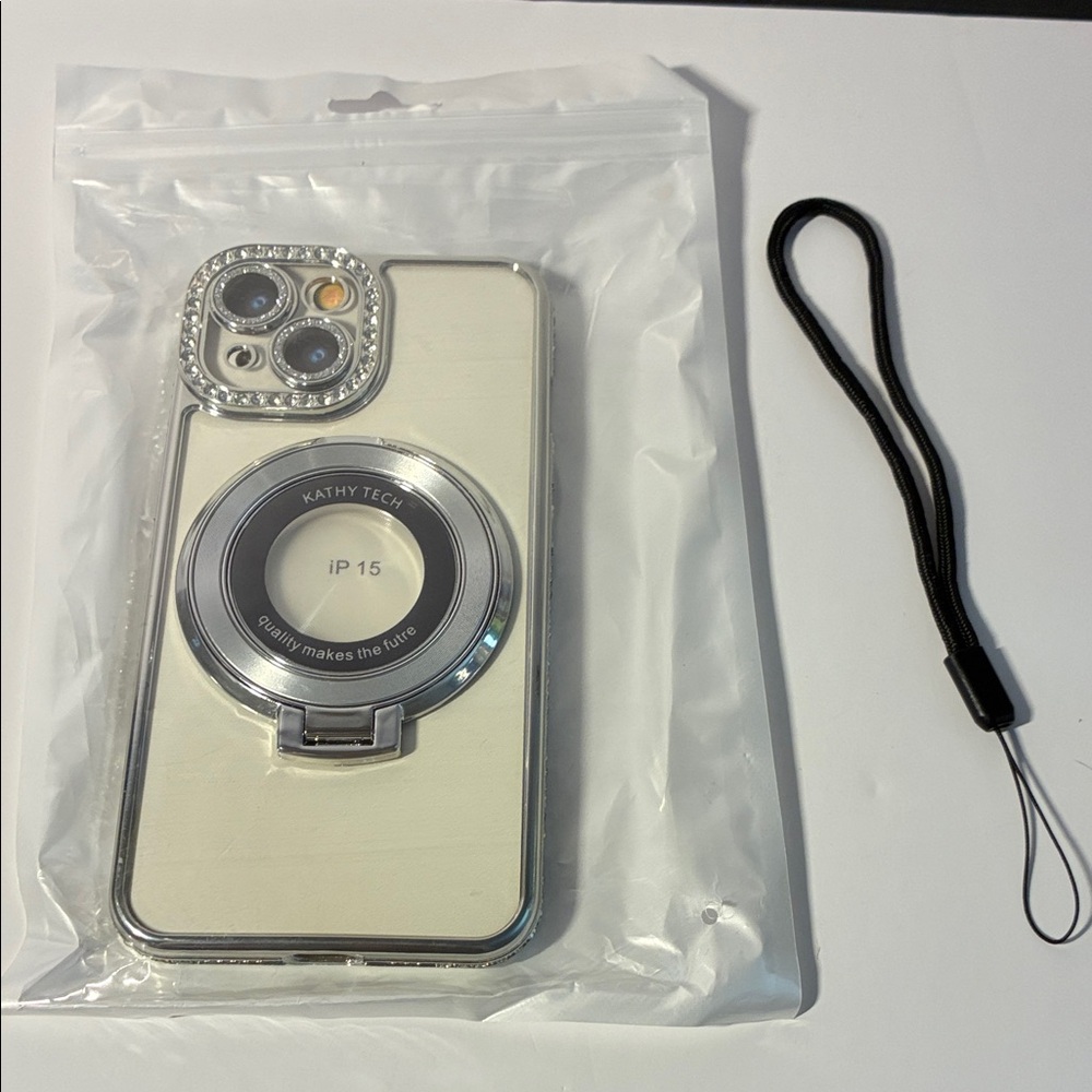 White iPhone 15 Ring Grip Case with Rhinestone Camera Frame